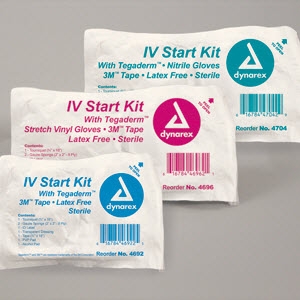 Kit I.V. Start w/Tegaderm w/o Gloves, Sterile, 3M Tape: (1) Tourniquet, ¾”x 18” (2) Gauze Sponge, 2”x 2” (1) ID Label (1) Transparent Dressing (1) 3M™ Tape, ¾”x 18” (1) PVP Prep Pad (1) Alcohol Prep Pad (1/KIT 50/CS) by Dynarex Corporation  ID 4692